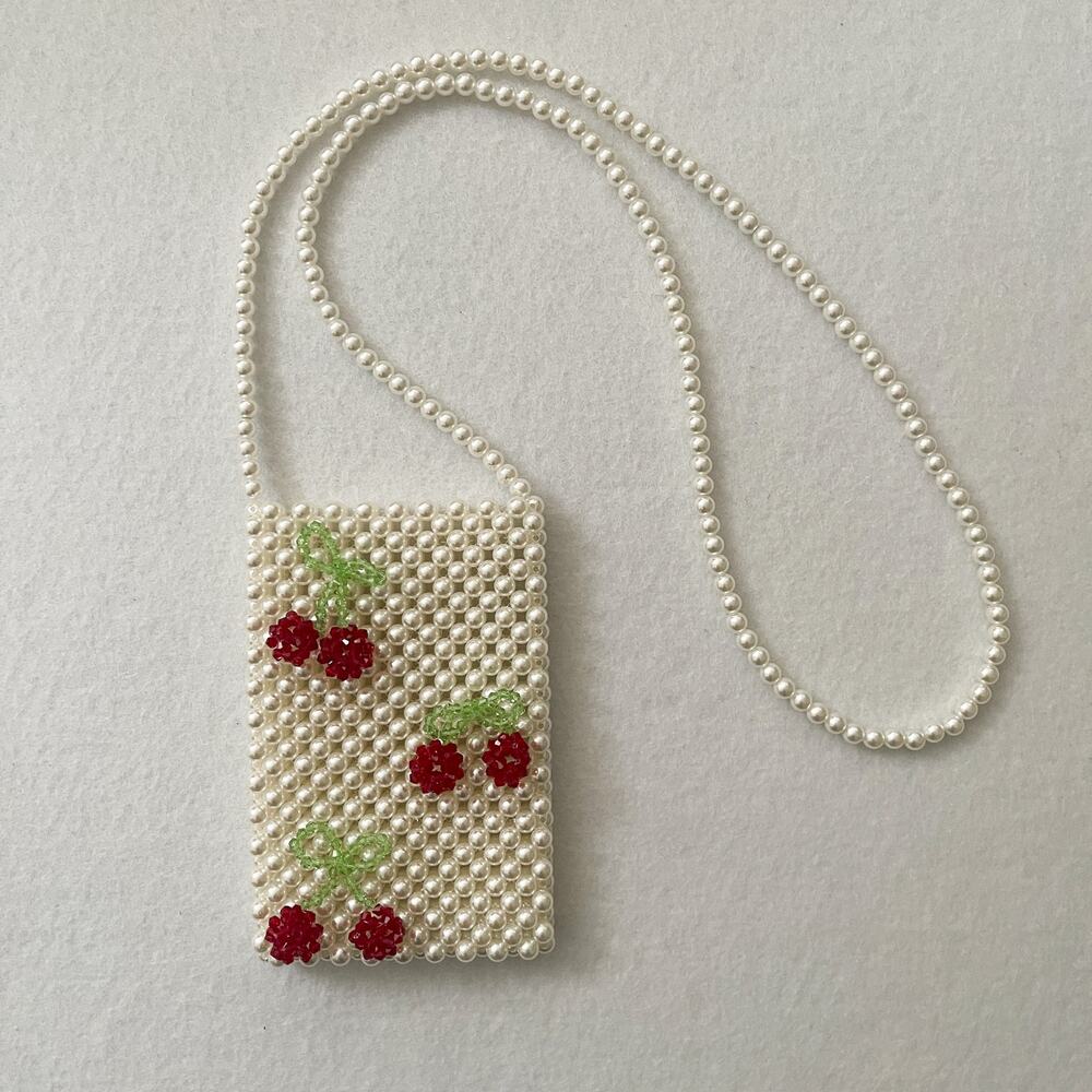 Pearl Beaded Cherry Mini Phone Bag Crossbody Purse Crystal Cherries